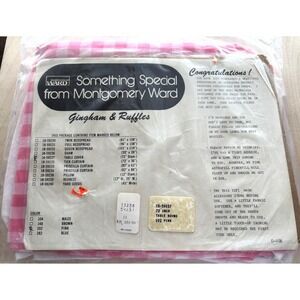 Vtg Montgomery Ward Pink Gingham Tablecloth 72" Round White Ruffle Cottage NIP